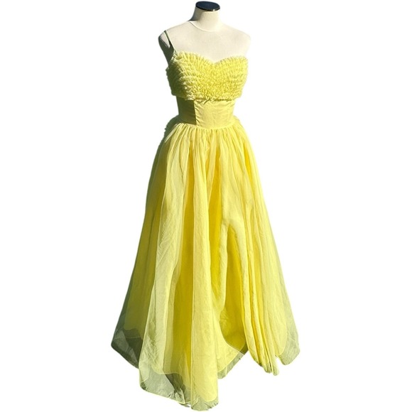 Vintage 1950s Lemon Chiffon Prom Dress Yellow Cupcake Dream Vegas‎ Wedding Small - Picture 3 of 16